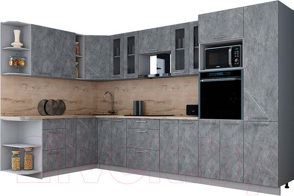 Изображение товара Кухонный гарнитур Интерлиния Мила Gloss 1.88x3.4 левая (керамика/керамика/травертин серый)