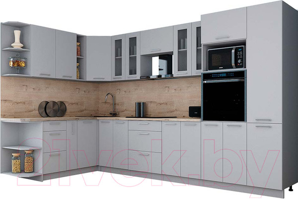Изображение товара Кухонный гарнитур Интерлиния Мила Gloss 1.88x3.4 левая (грей/грей/травертин серый)