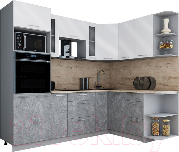 Изображение товара Кухонный гарнитур Интерлиния Мила Gloss 1.68x2.4 правая (белый глянец/керамика/травертин серый)