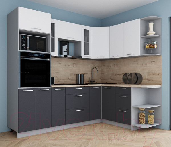 Изображение товара Кухонный гарнитур Интерлиния Мила Gloss 1.68x2.4 правая (белый/пепел/травертин серый)