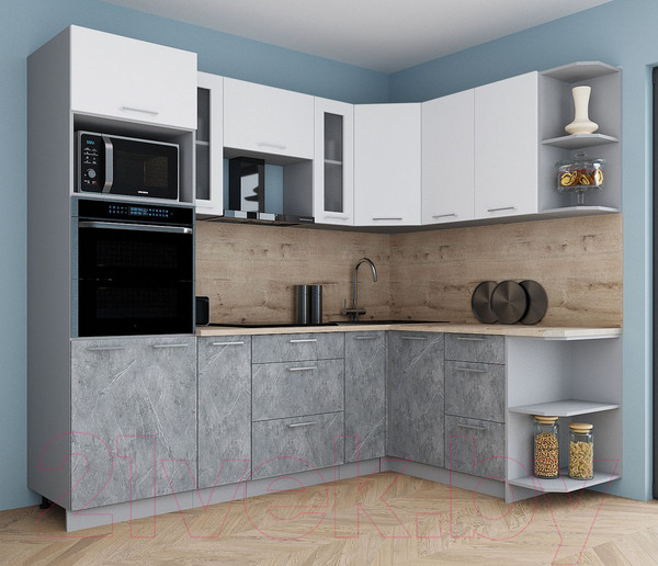 Изображение товара Кухонный гарнитур Интерлиния Мила Gloss 1.68x2.4 правая (белый/керамика/травертин серый)