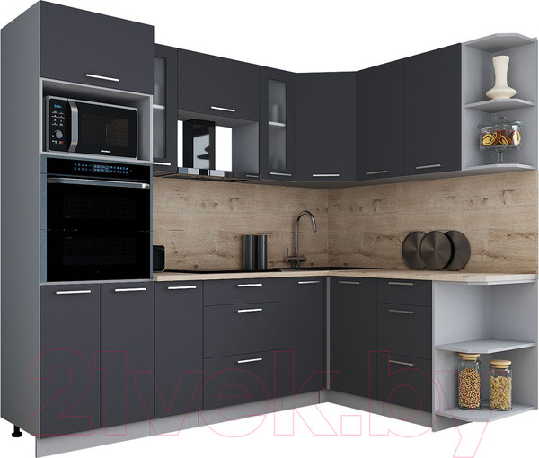 Изображение товара Кухонный гарнитур Интерлиния Мила Gloss 1.68x2.4 правая (пепел/пепел/травертин серый)