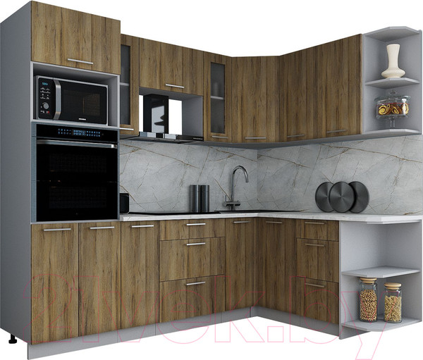 Изображение товара Кухонный гарнитур Интерлиния Мила Gloss 1.68x2.4 правая (дуб вотан/дуб вотан/травертин серый)