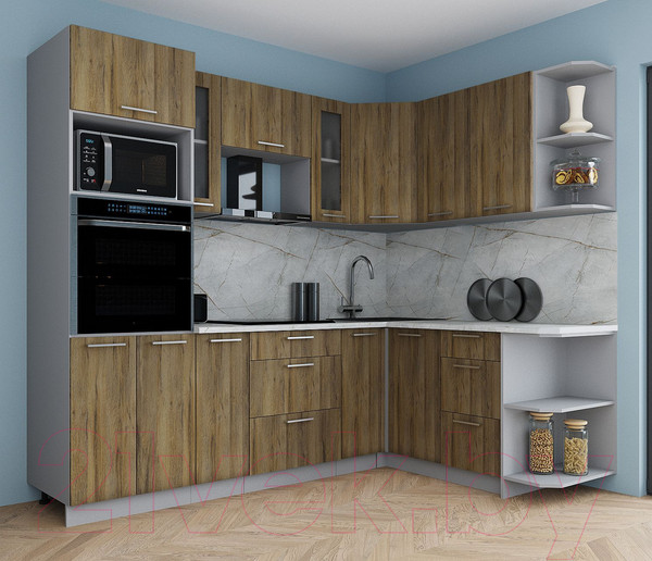 Изображение товара Кухонный гарнитур Интерлиния Мила Gloss 1.68x2.4 правая (дуб вотан/дуб вотан/травертин серый)