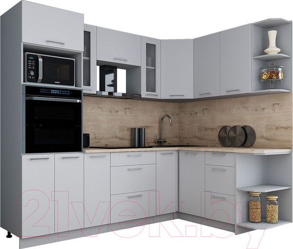 Изображение товара Кухонный гарнитур Интерлиния Мила Gloss 1.68x2.4 правая (грей/грей/травертин серый)