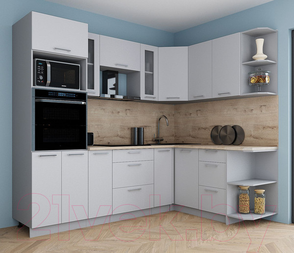 Изображение товара Кухонный гарнитур Интерлиния Мила Gloss 1.68x2.4 правая (грей/грей/травертин серый)