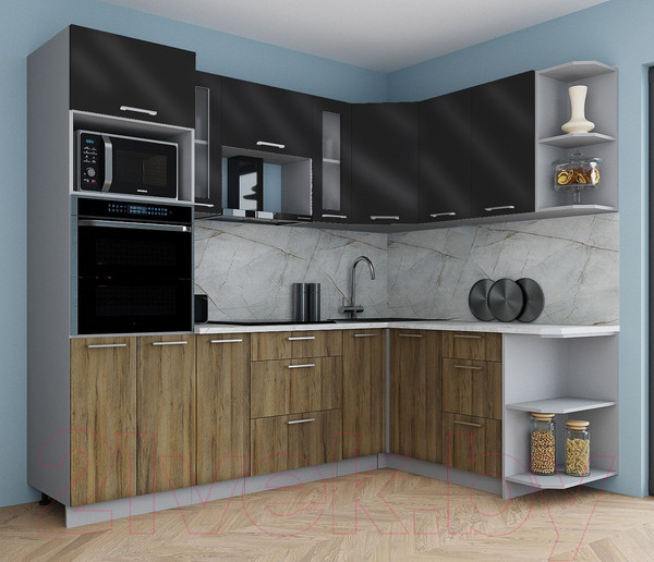 Изображение товара Кухонный гарнитур Интерлиния Мила Gloss 1.68x2.4 правая (черный глянец/дуб вотан/травертин серый)