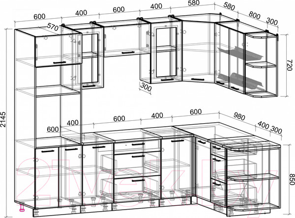 Изображение товара Кухонный гарнитур Интерлиния Мила Gloss 1.68x2.6 правая (белый глянец/дуб вотан/травертин серый)