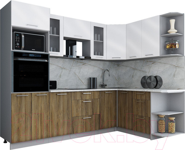 Изображение товара Кухонный гарнитур Интерлиния Мила Gloss 1.68x2.6 правая (белый глянец/дуб вотан/травертин серый)