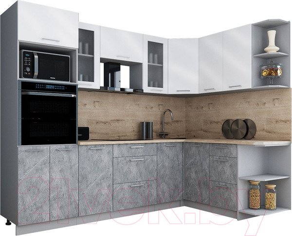 Изображение товара Кухонный гарнитур Интерлиния Мила Gloss 1.68x2.6 правая (белый глянец/керамика/травертин серый)