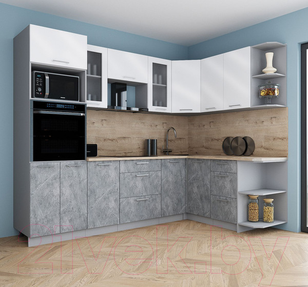 Изображение товара Кухонный гарнитур Интерлиния Мила Gloss 1.68x2.6 правая (белый глянец/керамика/травертин серый)