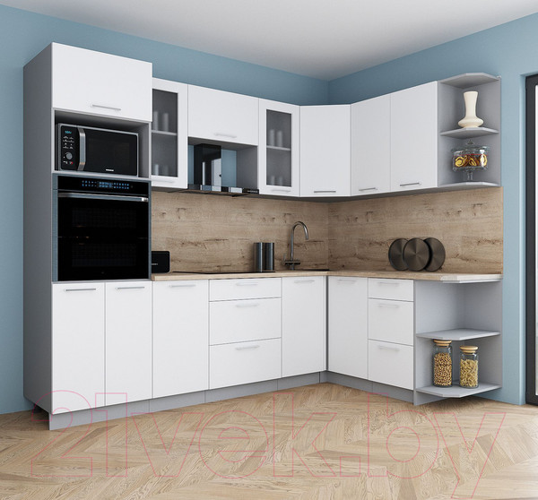 Изображение товара Кухонный гарнитур Интерлиния Мила Gloss 1.68x2.6 правая (белый/белый/травертин серый)