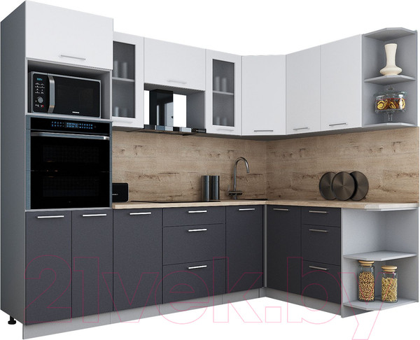 Изображение товара Кухонный гарнитур Интерлиния Мила Gloss 1.68x2.6 правая (белый/пепел/травертин серый)
