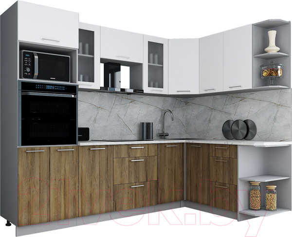 Изображение товара Кухонный гарнитур Интерлиния Мила Gloss 1.68x2.6 правая (белый/дуб вотан/травертин серый)