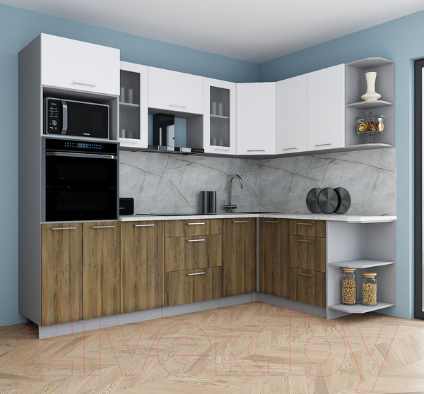 Изображение товара Кухонный гарнитур Интерлиния Мила Gloss 1.68x2.6 правая (белый/дуб вотан/травертин серый)