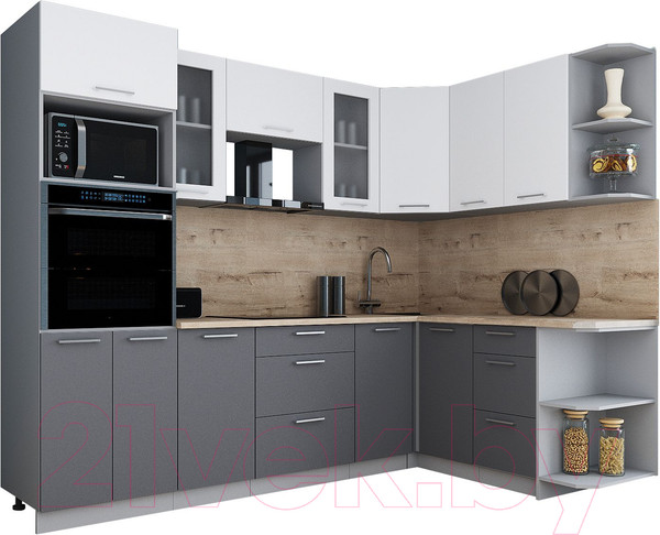 Изображение товара Кухонный гарнитур Интерлиния Мила Gloss 1.68x2.6 правая (белый/серый/травертин серый)