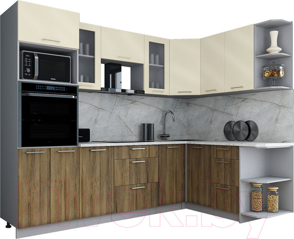 Изображение товара Кухонный гарнитур Интерлиния Мила Gloss 1.68x2.6 правая (ваниль глянец/дуб вотан/травертин серый)