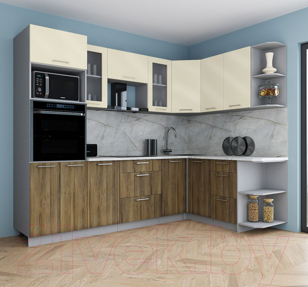 Изображение товара Кухонный гарнитур Интерлиния Мила Gloss 1.68x2.6 правая (ваниль глянец/дуб вотан/травертин серый)