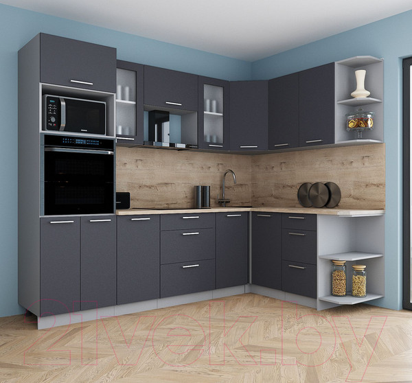 Изображение товара Кухонный гарнитур Интерлиния Мила Gloss 1.68x2.6 правая (пепел/пепел/травертин серый)