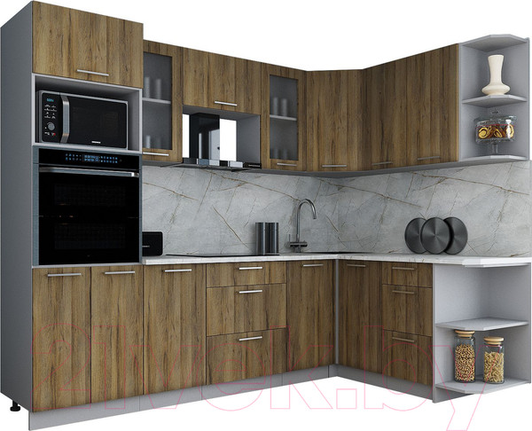 Изображение товара Кухонный гарнитур Интерлиния Мила Gloss 1.68x2.6 правая (дуб вотан/дуб вотан/травертин серый)