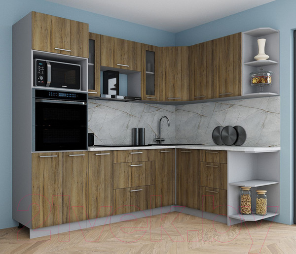 Изображение товара Кухонный гарнитур Интерлиния Мила Gloss 1.68x2.6 правая (дуб вотан/дуб вотан/травертин серый)