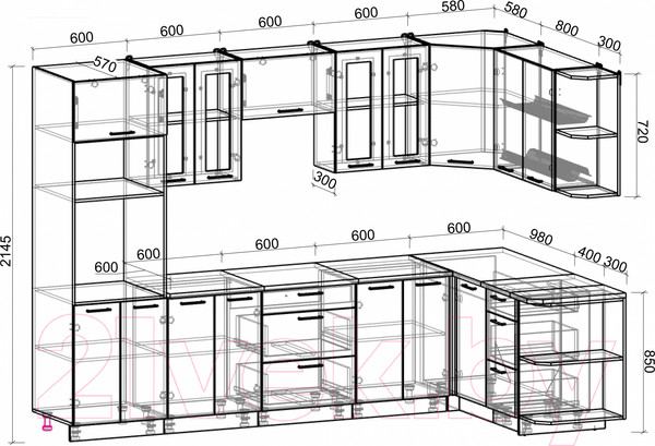 Изображение товара Кухонный гарнитур Интерлиния Мила Gloss 1.68x3.0 правая (керамика/керамика/травертин серый)