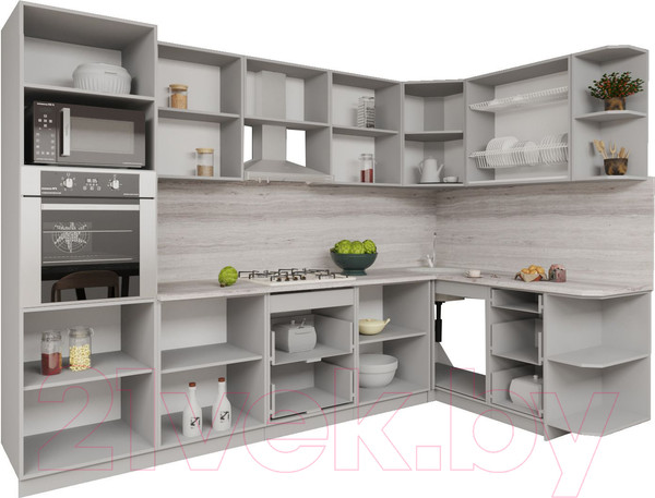 Изображение товара Кухонный гарнитур Интерлиния Мила Gloss 1.68x3.0 правая (керамика/керамика/травертин серый)