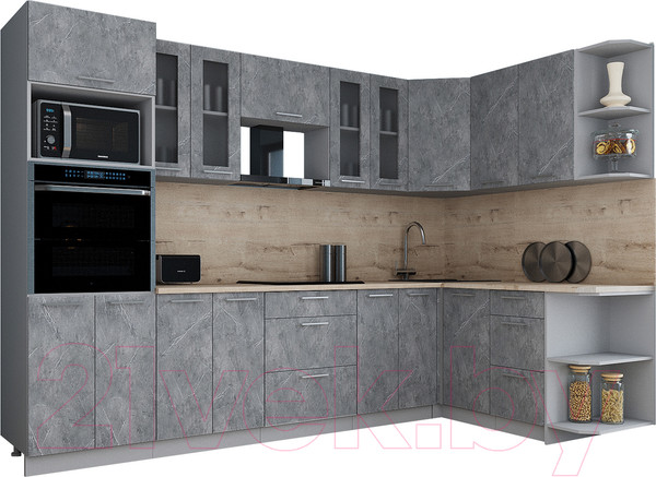 Изображение товара Кухонный гарнитур Интерлиния Мила Gloss 1.68x3.0 правая (керамика/керамика/травертин серый)