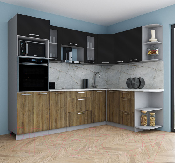 Изображение товара Кухонный гарнитур Интерлиния Мила Gloss 1.68x2.6 правая (черный глянец/дуб вотан/травертин серый)