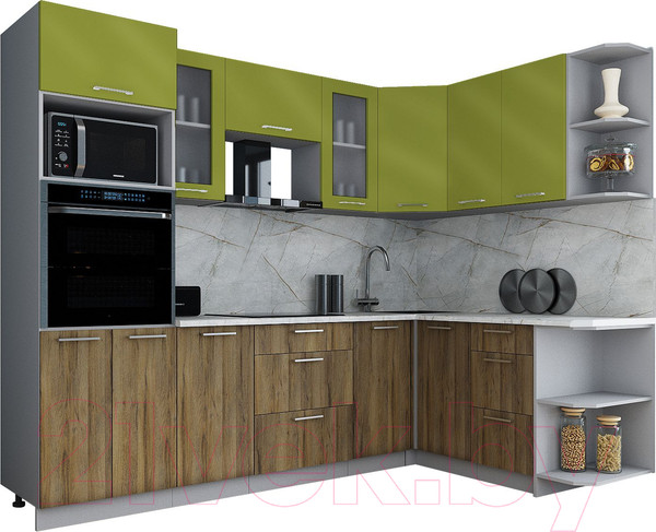 Изображение товара Кухонный гарнитур Интерлиния Мила Gloss 1.68x2.6 правая (яблоко глянец/дуб вотан/травертин серый)