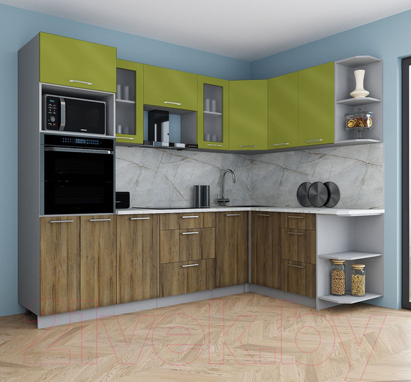 Изображение товара Кухонный гарнитур Интерлиния Мила Gloss 1.68x2.6 правая (яблоко глянец/дуб вотан/травертин серый)