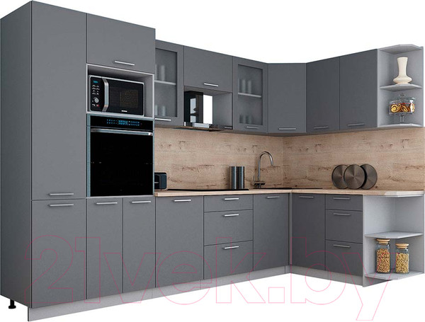 Изображение товара Кухонный гарнитур Интерлиния Мила Gloss 1.68x3.2 правая (серый/серый/травертин серый)
