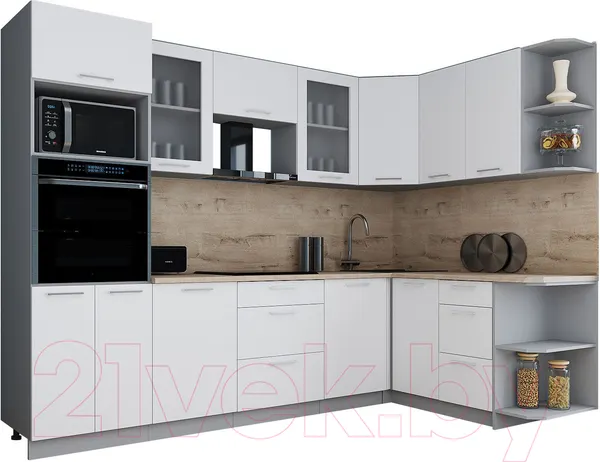 Изображение товара Кухонный гарнитур Interline Мила Gloss 1.68x2.8 правая (белый/белый/травертин серый)