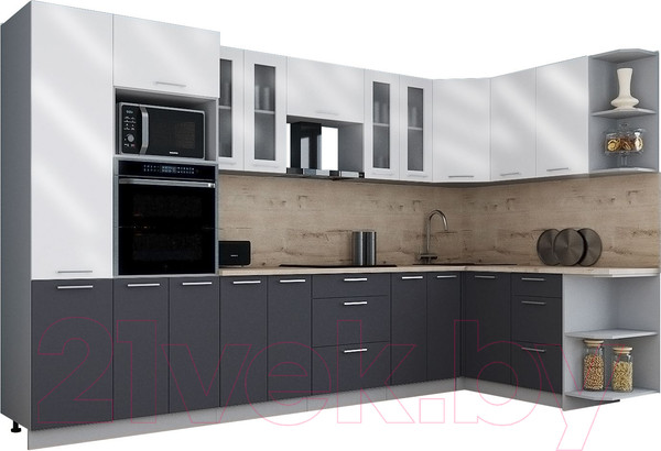 Изображение товара Кухонный гарнитур Интерлиния Мила Gloss 1.68x3.4 правая (белый глянец/пепел/травертин серый)