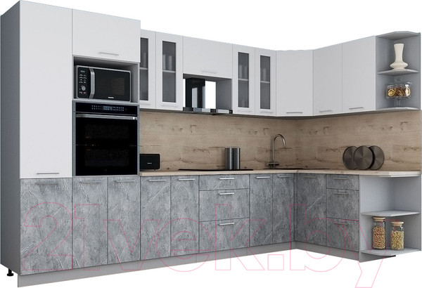 Изображение товара Кухонный гарнитур Интерлиния Мила Gloss 1.68x3.4 правая (белый/керамика/травертин серый)