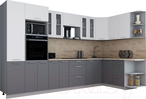 Изображение товара Кухонный гарнитур Интерлиния Мила Gloss 1.68x3.4 правая (белый/серый/травертин серый)