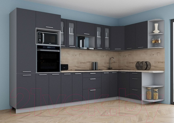 Изображение товара Кухонный гарнитур Интерлиния Мила Gloss 1.68x3.4 правая (пепел/пепел/травертин серый)