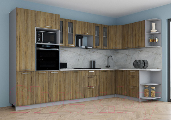 Изображение товара Кухонный гарнитур Интерлиния Мила Gloss 1.68x3.4 правая (дуб вотан/дуб вотан/травертин серый)