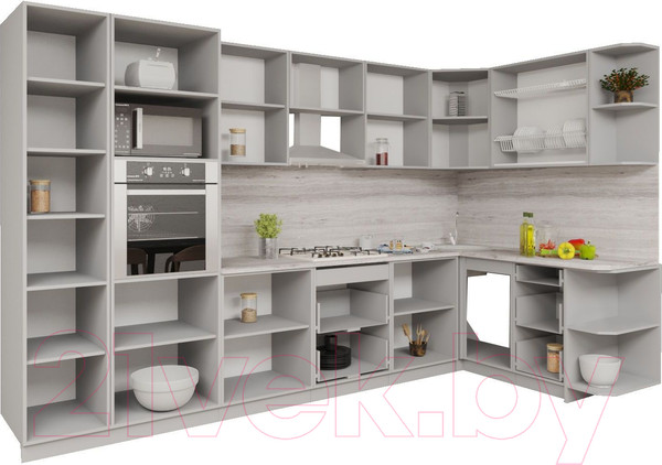 Изображение товара Кухонный гарнитур Интерлиния Мила Gloss 1.68x3.4 правая (грей/грей/травертин серый)