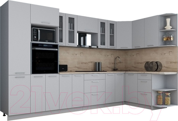 Изображение товара Кухонный гарнитур Интерлиния Мила Gloss 1.68x3.4 правая (грей/грей/травертин серый)