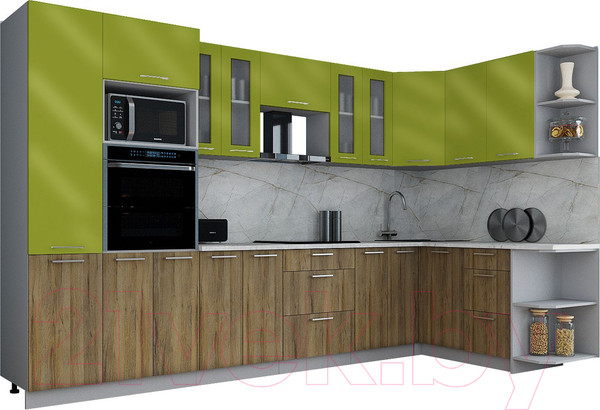 Изображение товара Кухонный гарнитур Интерлиния Мила Gloss 1.68x3.4 правая (яблоко глянец/дуб вотан/травертин серый)