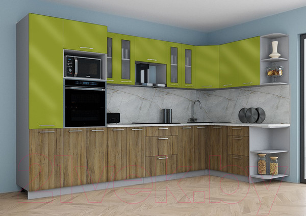 Изображение товара Кухонный гарнитур Интерлиния Мила Gloss 1.68x3.4 правая (яблоко глянец/дуб вотан/травертин серый)