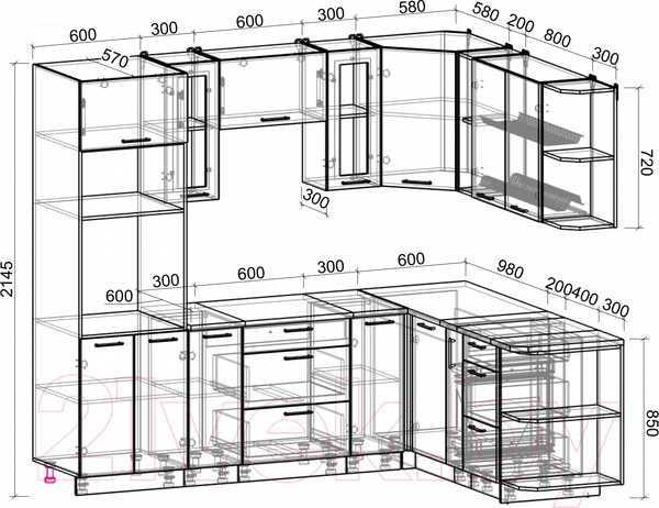 Изображение товара Кухонный гарнитур Интерлиния Мила Gloss 1.88x2.4 правая (белый глянец/пепел/травертин серый)