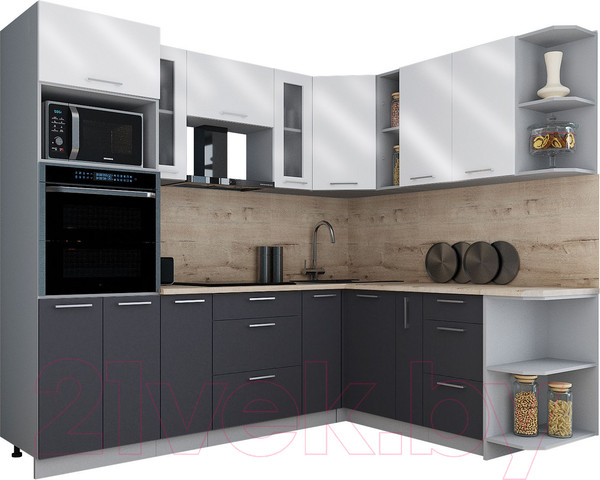 Изображение товара Кухонный гарнитур Интерлиния Мила Gloss 1.88x2.4 правая (белый глянец/пепел/травертин серый)