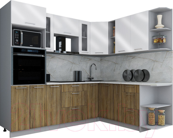 Изображение товара Кухонный гарнитур Интерлиния Мила Gloss 1.88x2.4 правая (белый глянец/дуб вотан/травертин серый)