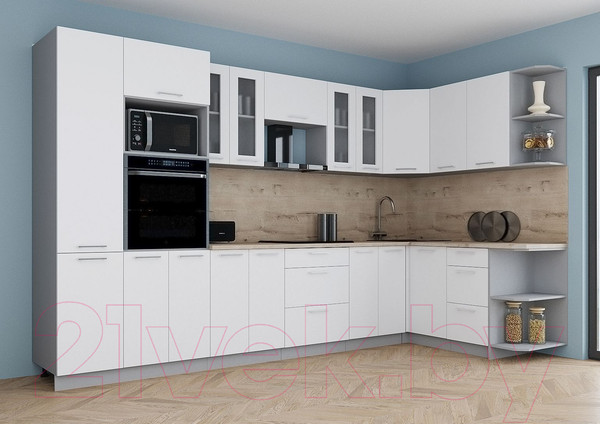 Изображение товара Кухонный гарнитур Интерлиния Мила Gloss 1.68x3.4 правая (белый/белый/травертин серый)
