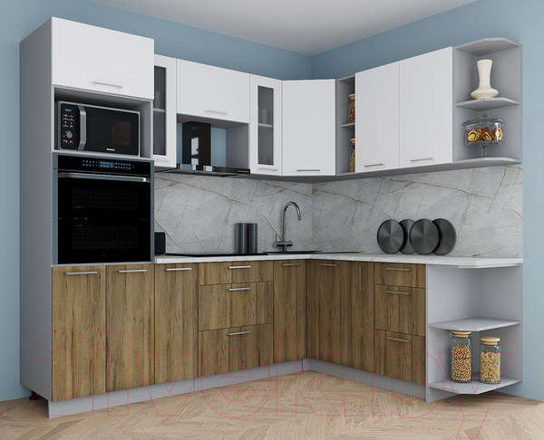 Изображение товара Кухонный гарнитур Интерлиния Мила Gloss 1.88x2.4 правая (белый/дуб вотан/травертин серый)
