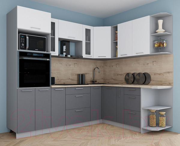Изображение товара Кухонный гарнитур Интерлиния Мила Gloss 1.88x2.4 правая (белый/серый/травертин серый)