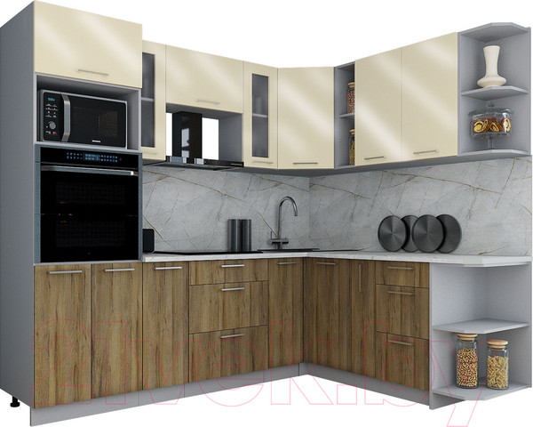 Изображение товара Кухонный гарнитур Интерлиния Мила Gloss 1.88x2.4 правая (ваниль глянец/дуб вотан/травертин серый)