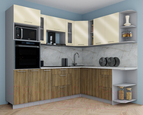 Изображение товара Кухонный гарнитур Интерлиния Мила Gloss 1.88x2.4 правая (ваниль глянец/дуб вотан/травертин серый)